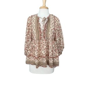 By the River Tan and Brown Relaxed Blouse with Tie Front and Mandarin Collar M